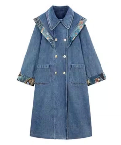 Art Print Sailor Collar Denim Long Coat