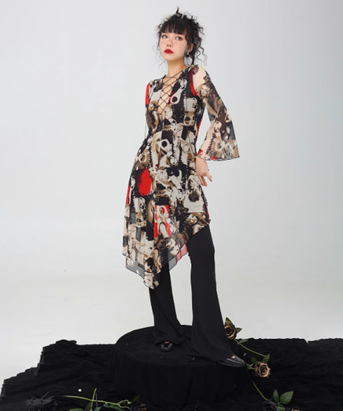 Photo Print Lace-up Dress