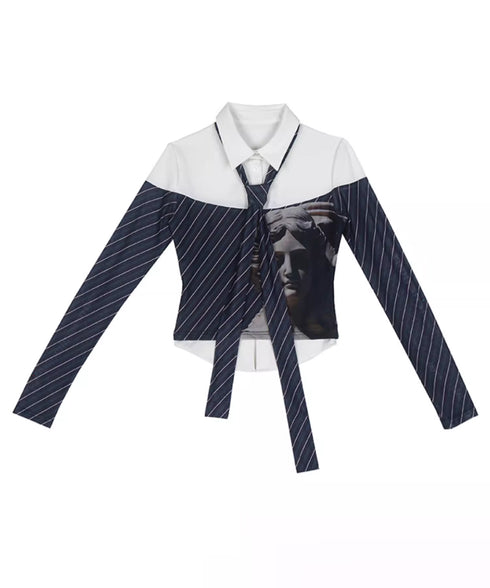 Diagonal Striped Tie Blouse