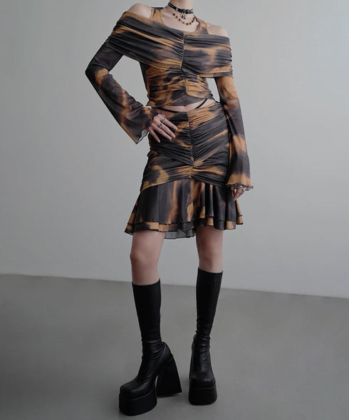 Smoke Dye Ruched Flounce Skirt