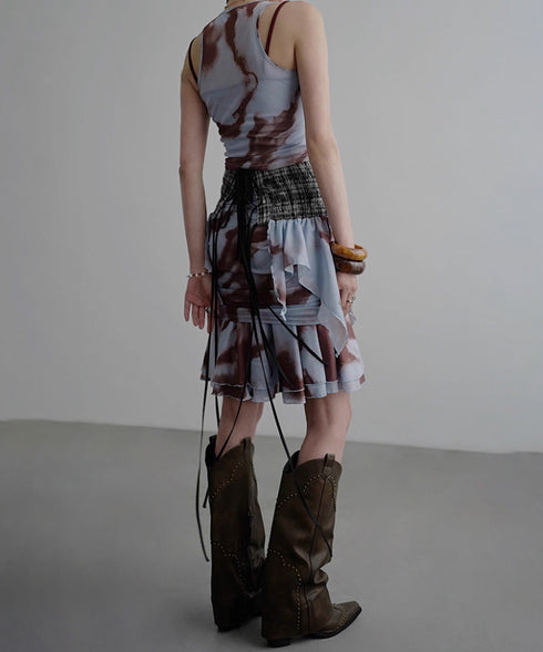 Smoke Dye Ruched Flounce Skirt