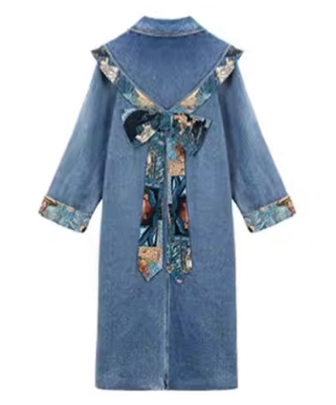 Art Print Sailor Collar Denim Long Coat