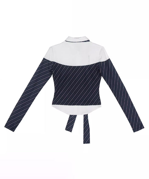 Diagonal Striped Tie Blouse