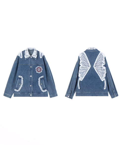 Lace Collar Butterfly Denim Jacket