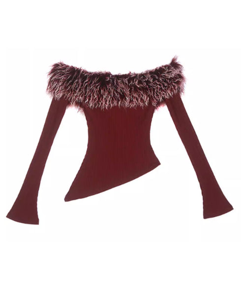 Feather Trim Offshoulder Knit Top