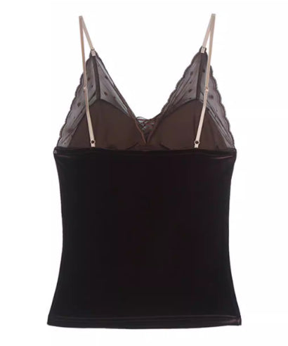 Sheer Lace Trim Velvet Camisole