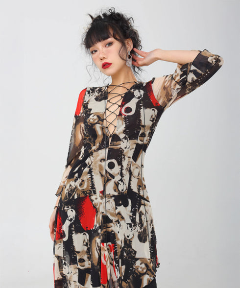 Photo Print Lace-up Dress