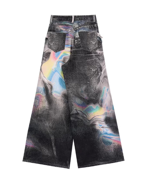 Iridescent Print Denim Wide Pants