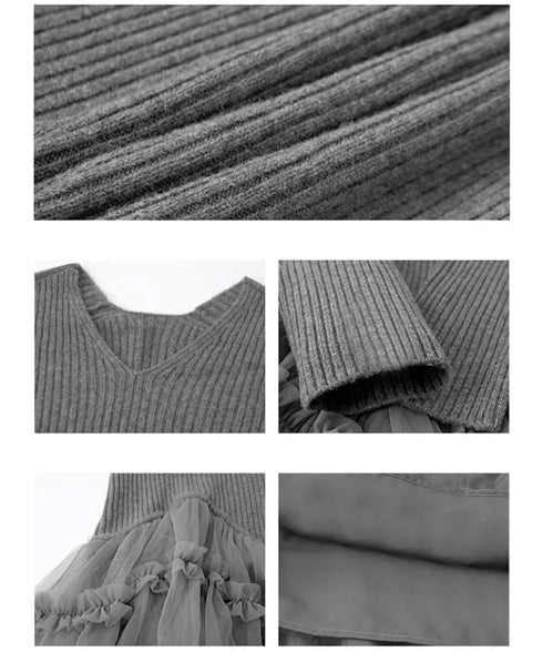 Rib Knit Tulle Layer Dress