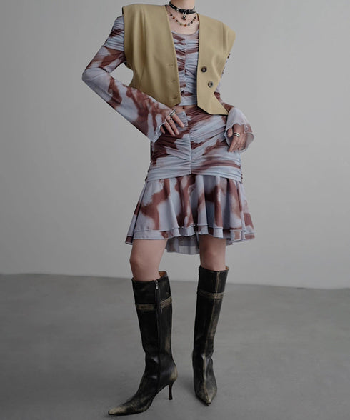 Smoke Dye Ruched Flounce Skirt