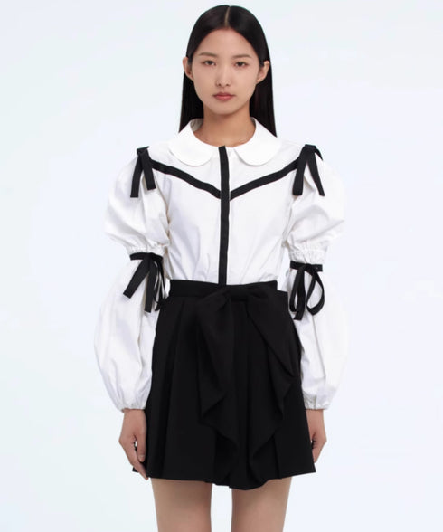 Ribbon Trim Puff Sleeve Blouse