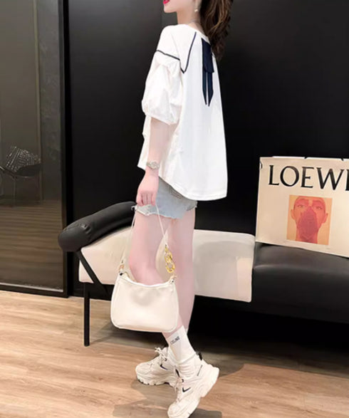 Back Ribbon Puff Sleeve Top