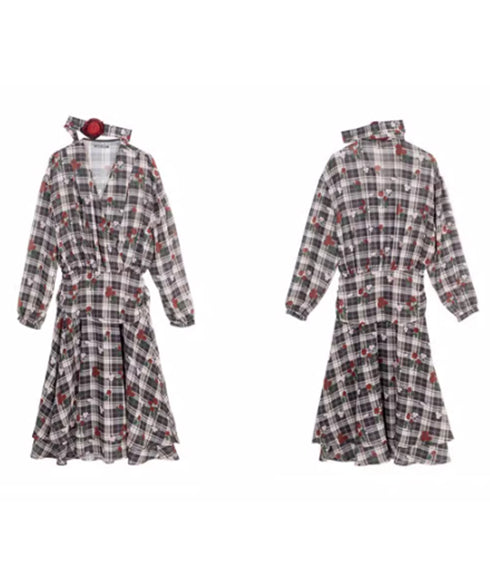 V-neck Flower Check Dress