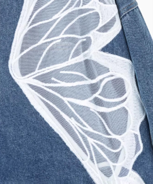 Lace Collar Butterfly Denim Jacket