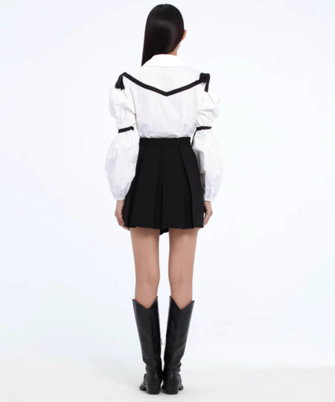 Ribbon Trim Puff Sleeve Blouse