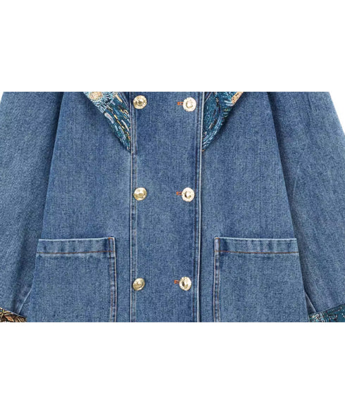 Art Print Sailor Collar Denim Long Coat