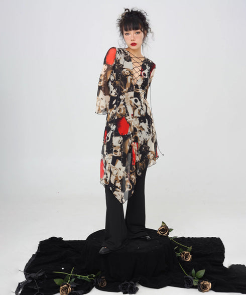 Photo Print Lace-up Dress