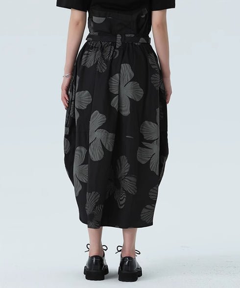 Drawstring Leaf Print Skirt