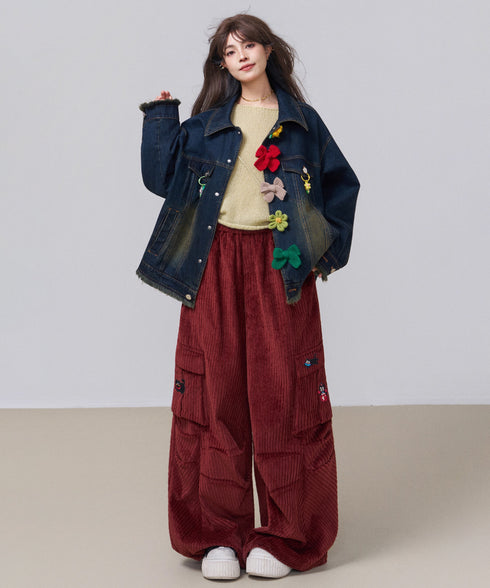 Corduroy Cat Embroidery Cargo Pants