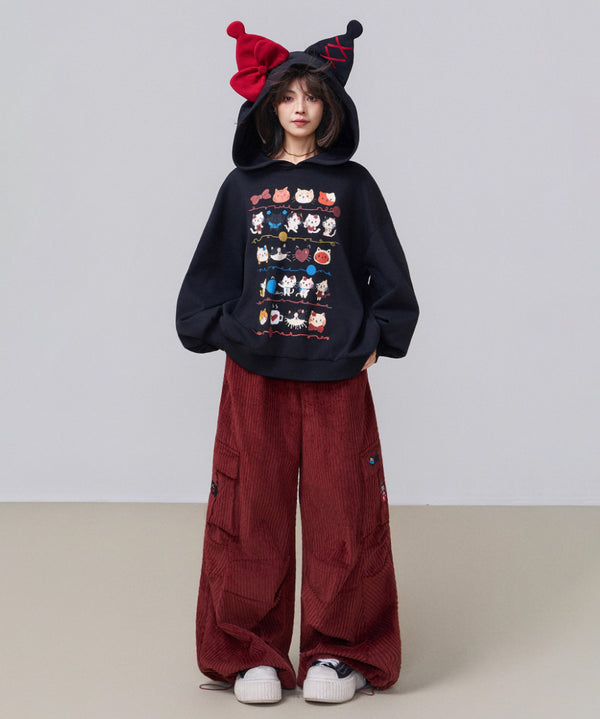Corduroy Cat Embroidery Cargo Pants