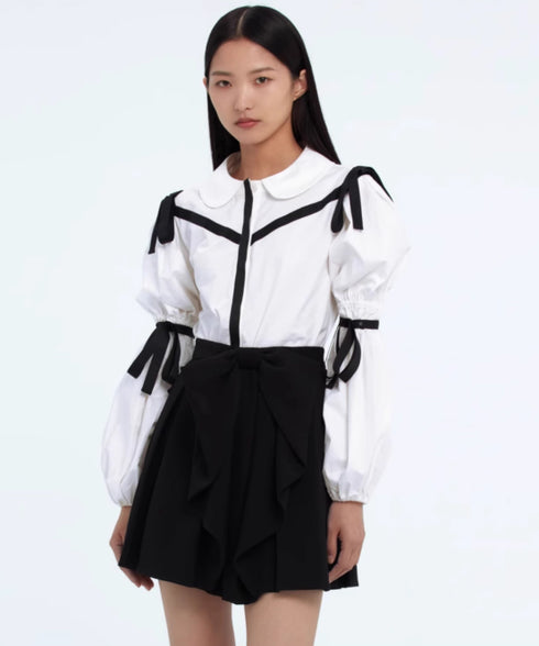 Ribbon Trim Puff Sleeve Blouse
