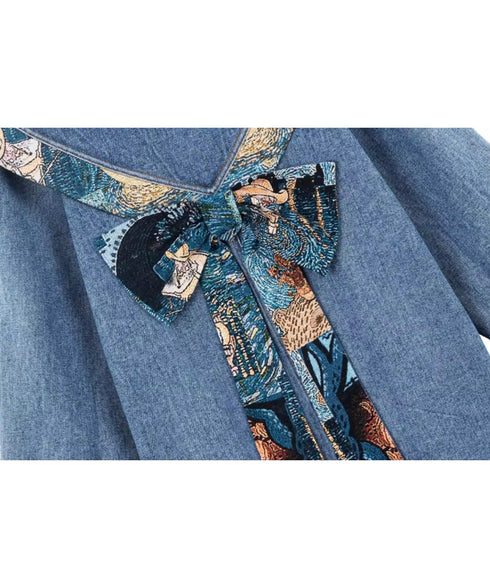 Art Print Sailor Collar Denim Long Coat