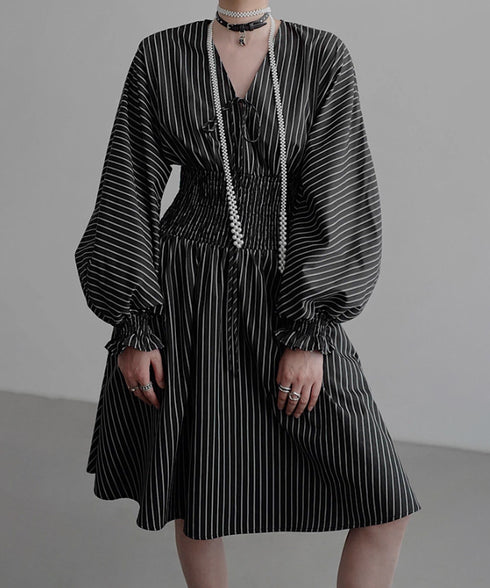 Pinstripe Puff Sleeve Dress