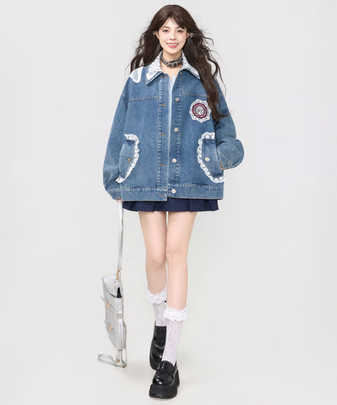 Lace Collar Butterfly Denim Jacket