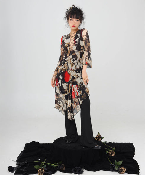 Photo Print Lace-up Dress