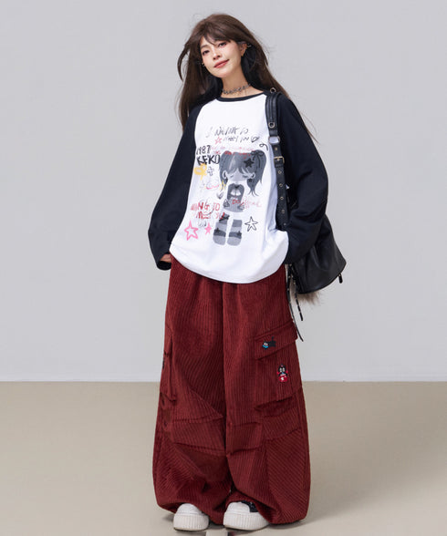 Corduroy Cat Embroidery Cargo Pants