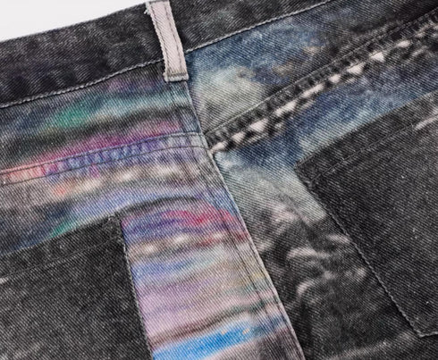 Iridescent Print Denim Wide Pants