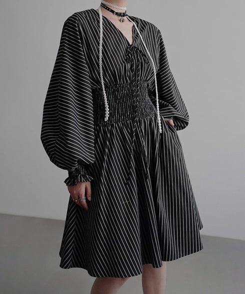Pinstripe Puff Sleeve Dress