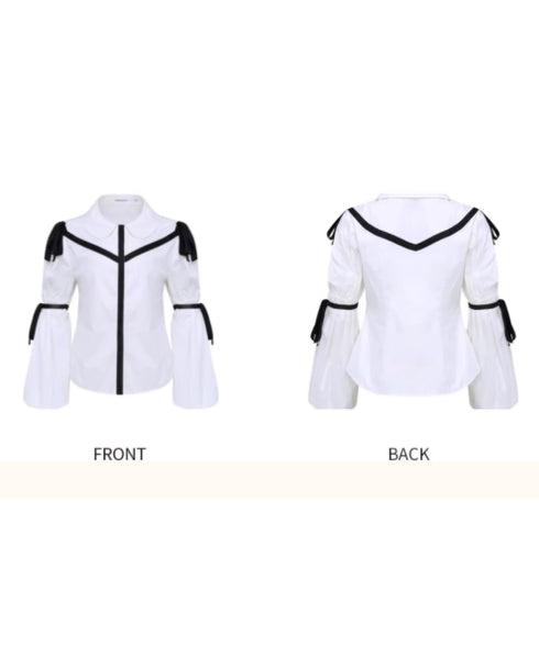 Ribbon Trim Puff Sleeve Blouse