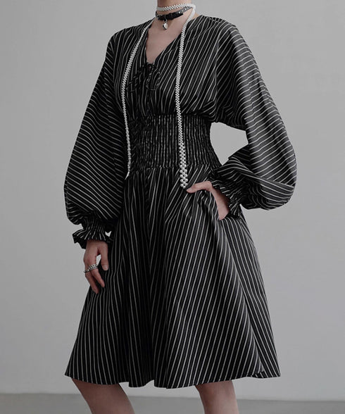 Pinstripe Puff Sleeve Dress