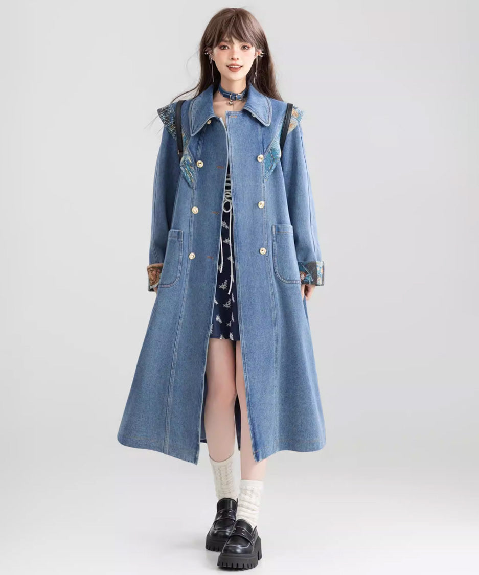 Art Print Sailor Collar Denim Long Coat – LONDA
