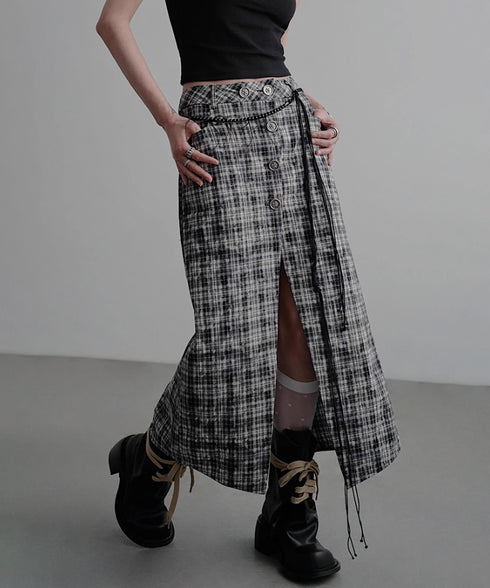 Vintage Check Slit Skirt