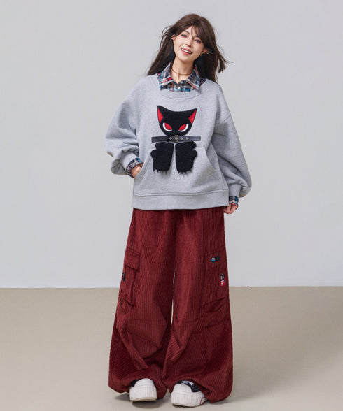 Corduroy Cat Embroidery Cargo Pants