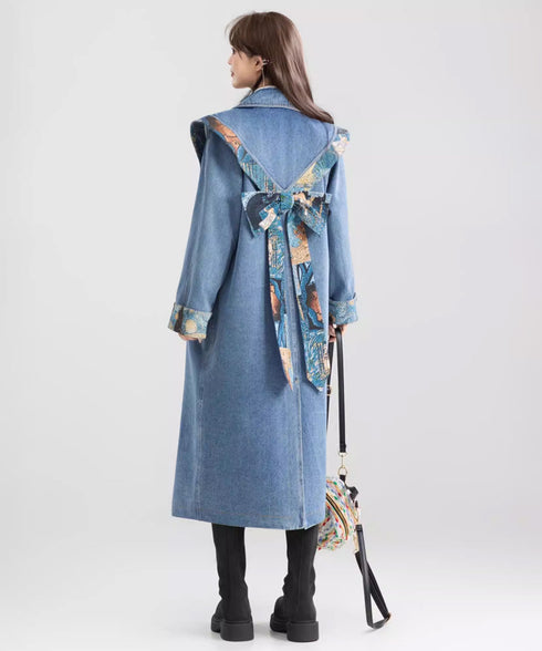 Art Print Sailor Collar Denim Long Coat