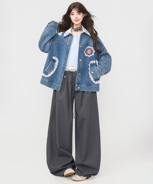 Lace Collar Butterfly Denim Jacket