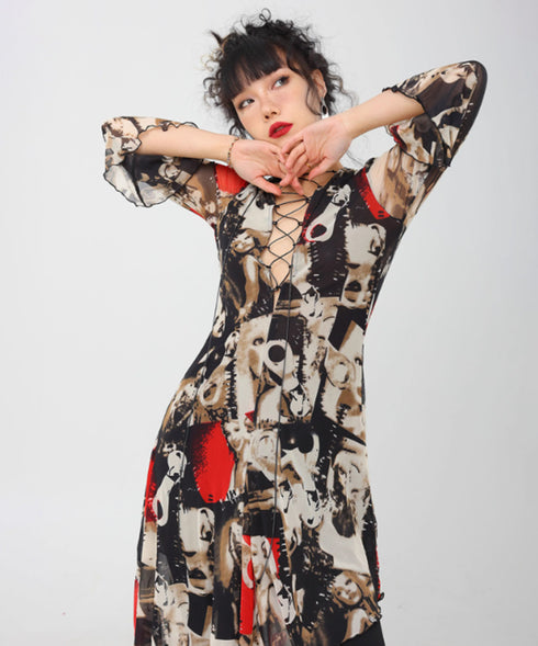 Photo Print Lace-up Dress