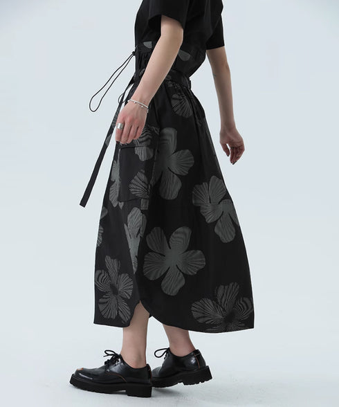 Drawstring Leaf Print Skirt