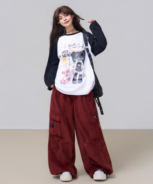 Corduroy Cat Embroidery Cargo Pants