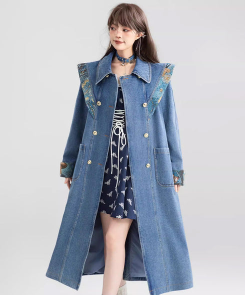 Art Print Sailor Collar Denim Long Coat