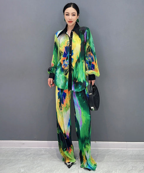 Pleated Blouse & Pants Co-ord