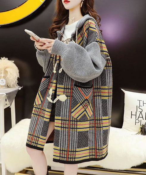 Plaid Patchwork Knit Hooded Jacket