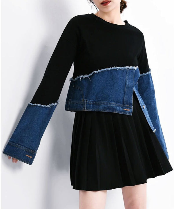 Denim Switching Sweatshirt