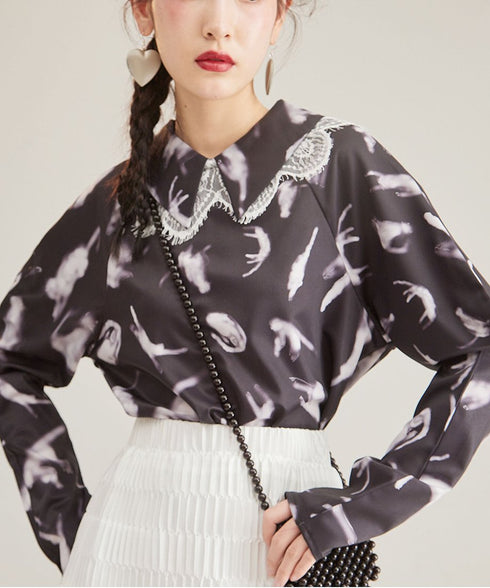 Feather Print Lace Collar Blouse