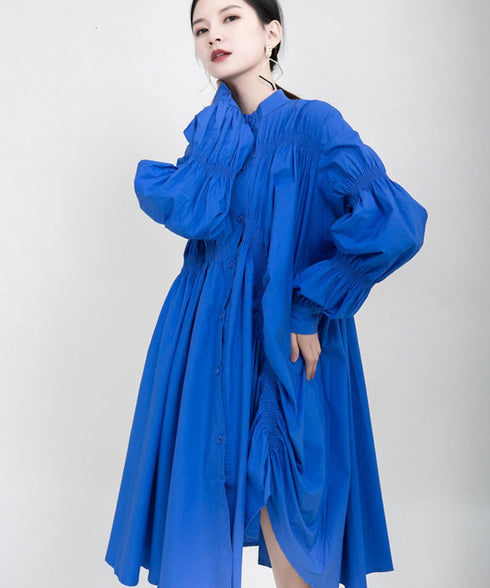 blue asymmetric pleated dress