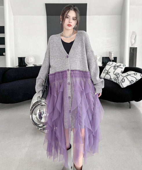 Ruffle Tulle Long Cardigan