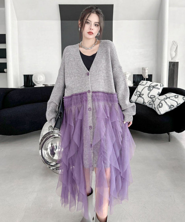 Ruffle Tulle Long Cardigan
